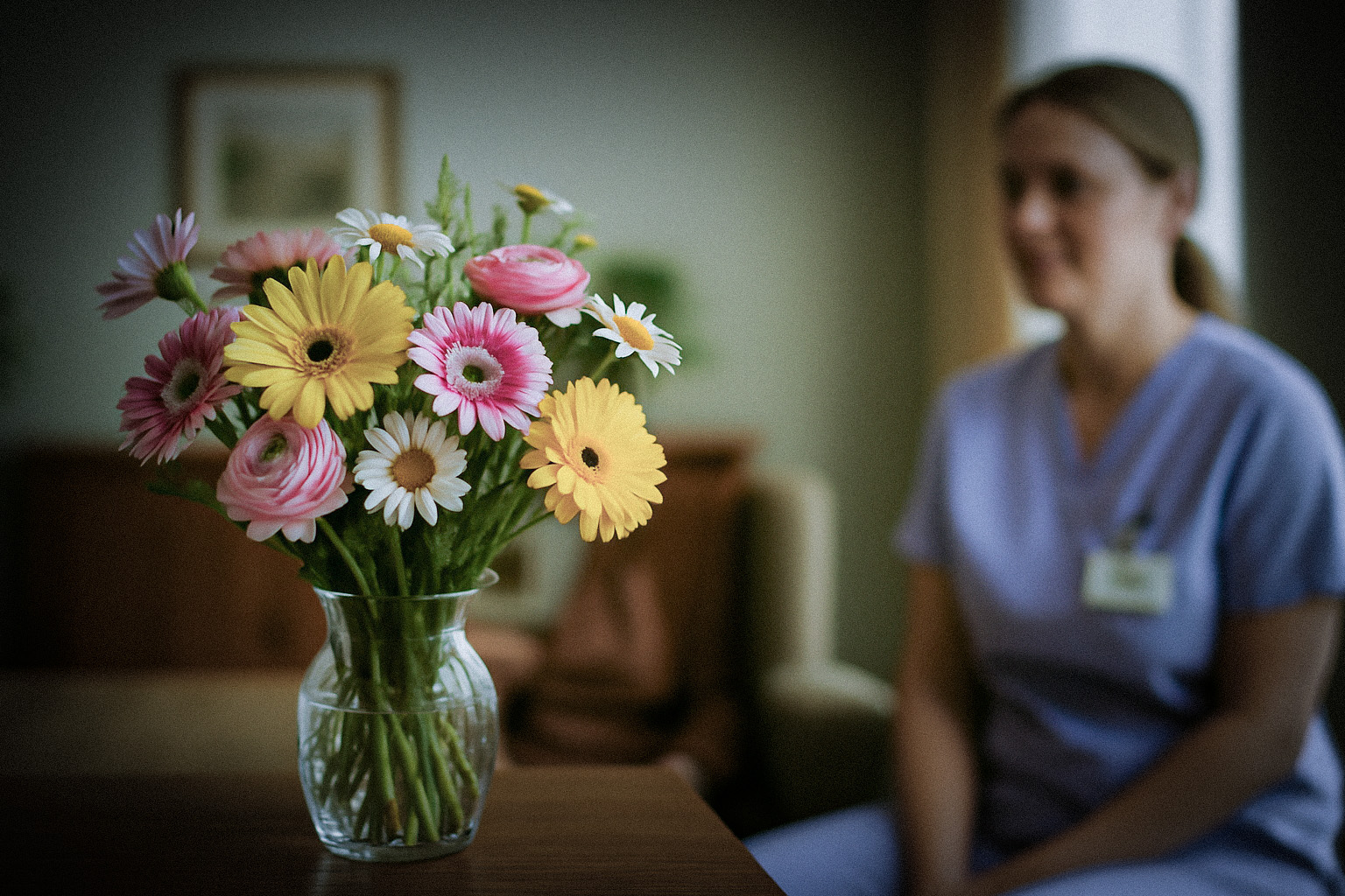 Blumen im Zuhause, im Hintergrund eine Betreuungskraft