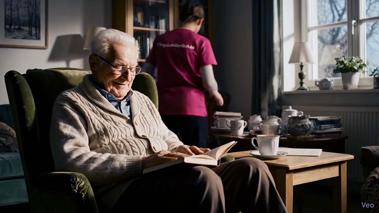 Senior liest zuhause bei Kaffee, im Hintergrund unterstützt eine Betreuungskraft